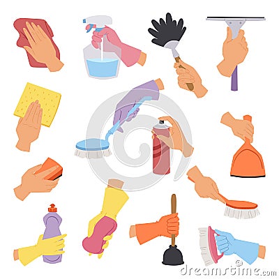 Vector collection with cleaning tools in hand flat style perfect for housework packaging and colorful domestic hygiene Vector Illustration