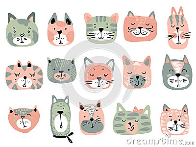 Vector collection of colorful cat faces. Funny illustration for children Vector Illustration