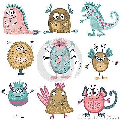 Vector collection of colorful funny monsters. Cute characters. Vector Illustration