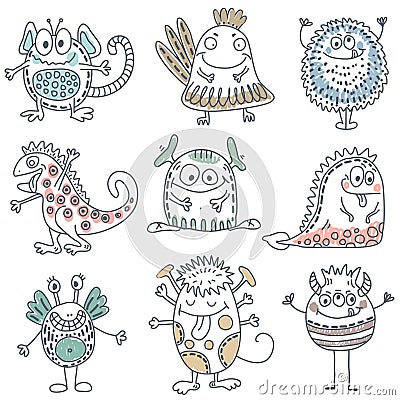 Vector collection of colorful funny monsters. Cute characters. Vector Illustration