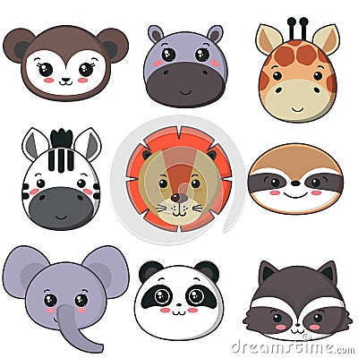 Vector collection of cute african animal faces, big icon set for baby design Vector Illustration