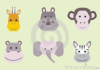 Vector collection of cute animal faces, icon set for baby design Vector Illustration