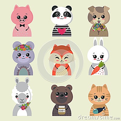 Vector collection of cute animals. Colorful funny characters. Vector Illustration