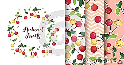 Vector collection of cute cartoon colorful cherries isolated on white background. Set of Illustration and seamless patterns design Vector Illustration