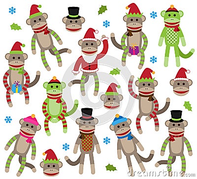 Vector Collection of Cute Christmas Themed Sock Monkeys Vector Illustration