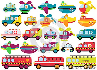 Vector Collection of Cute Emergency Rescue Vehicles Vector Illustration