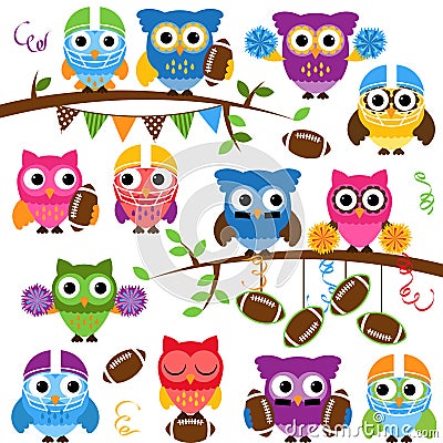 Vector Collection of Cute Football or Sports Themed Owls Vector Illustration