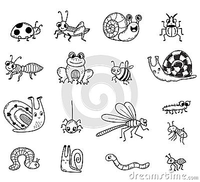 Vector Collection of cute insects. Linear hand drawn doodle. Isolated decorative characters frog, snail, beetles and Vector Illustration