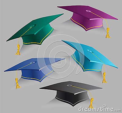 Vector Collection 3D Education Caps. Set of Realistic Graduation student hats. Graduate ceremony. Isolated caps in Vector Illustration
