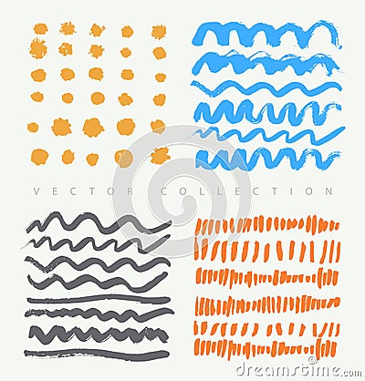 Vector collection of different ink drawn abstract elements for patterns, decoration, arts, crafts. Grunge artistic set. Vector Illustration