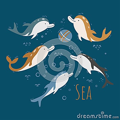 Vector collection of dolphins isolated on a blue background. Set of cute dolphins play ball. Vector flat illustration. Vector Illustration