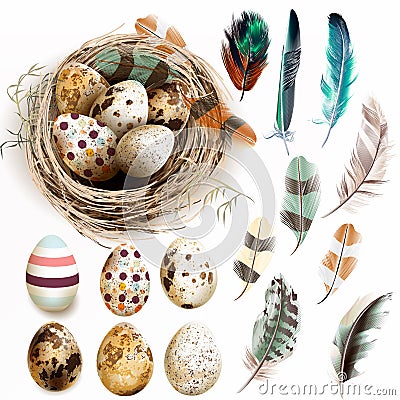 Vector collection with Easter eggs bird nest feathers in vintage Cartoon Illustration
