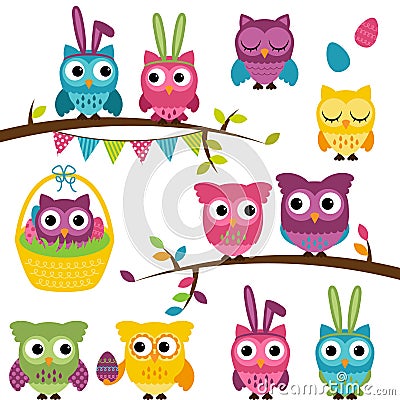 Vector Collection of Easter and Spring Themed Owls Vector Illustration