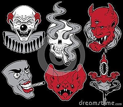 Vector collection of fashion badges with angry heads, human skull, bat and dagger. Vector Illustration