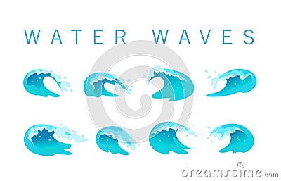 Vector collection of flat blue water waves, splatters, curves icons isolated on white background. Vector Illustration