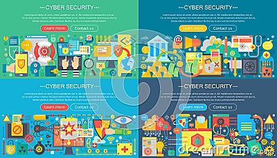 Vector collection of flat cyber security design concepts set. Cloud data service, computer protection and hacker attack Vector Illustration