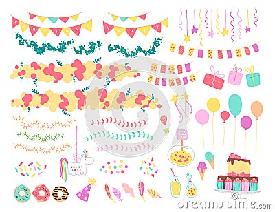 Vector collection of flat decor elements for kids birthday party - balloons, garlands, gift box, candy, pinata, bd cake etc. Vector Illustration