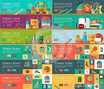 Vector collection of flat education design concepts. Horizontal banners set with school items. Vector Illustration