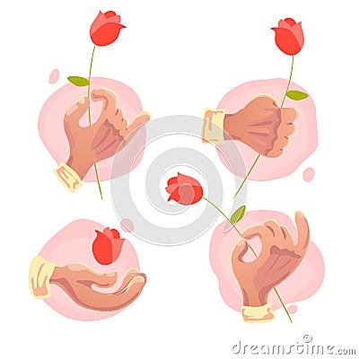 Vector collection of flat hand symbols holding flower isolated on white background. Vector Illustration