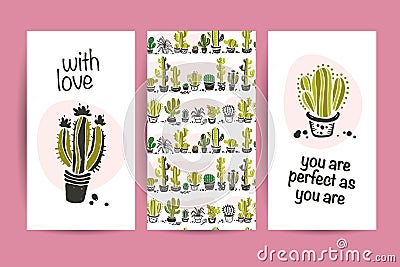 Vector collection of flat love cards with funny hand drawn cacti icons, lettering congratulations and seamless pattern isolated on Vector Illustration