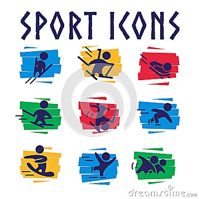 Vector collection of flat sport icons on colorful geometric backgrounds. Vector Illustration