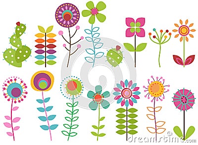 Vector Collection of Funky Retro Stylized Flowers Vector Illustration