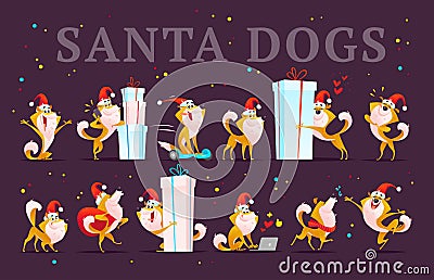 Vector collection of funny dog emoticons in santa hat isolated on dark background. Vector Illustration