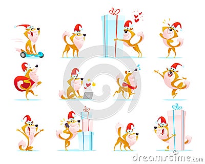 Vector collection of funny dog emoticons in santa hat isolated on white background. Vector Illustration