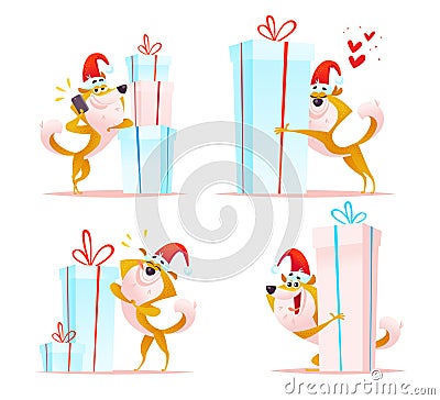 Vector collection of funny dog emoticons in santa hat on white background. Vector Illustration