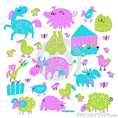 Vector collection of funny doodle farm animals. Illustration of hourse, pig, rabbits, cow, sheep, goat, duck, cock. Vector Illustration