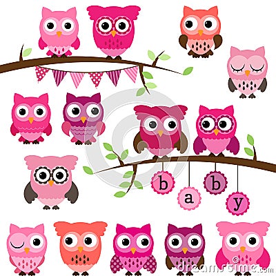 Vector Collection of Girl Baby Shower Themed Owls Vector Illustration