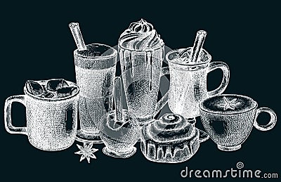 Vector collection of glassware with hot drinks. Sketched autumn drinks drawings. Mulled wine, coffee, hot chocolate, pumpkin latte Vector Illustration