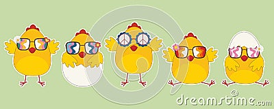 Vector collection of groovy easter chicks. Trendy retro 60s, 70s.Vector illustration for design or print Vector Illustration