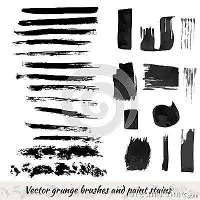 Vector collection with grunge brush strokes and paint stains. Black ink elements set. Vector Illustration