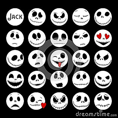 Vector Collection of Halloween Faces. The nightmare before christmas. Jack Skellington. halloween jack faces silhouettes Stock Photo