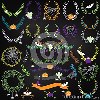 Vector Collection of Halloween Florals, Laurels and Wreaths Vector Illustration