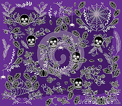 Vector Collection of Halloween Florals, Laurels and Wreaths Vector Illustration