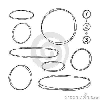 Vector Collection of Hand Drawn Scribble Circle Frames, Steps with Arrows Scheme, Design Element Set, Pen Freehand Drawings. Vector Illustration