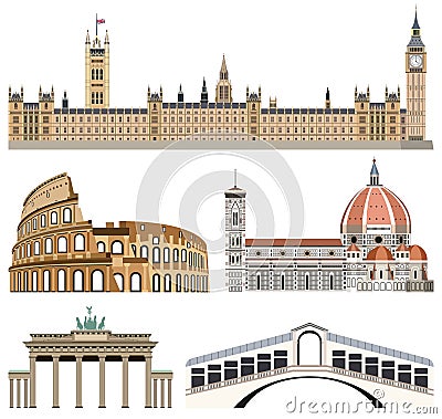 Vector collection of landmarks icons: Palace of Westminster, Colisseum, Florence Cathedral, Brandenburg Gate and Rialto Bridge Vector Illustration