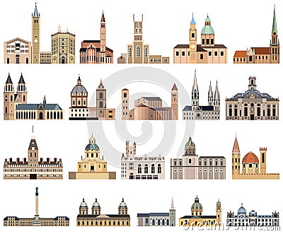 Vector collection of high detailed isolated city halls, landmarks, cathedrals, temples, churches, palaces and other city`s skyline Vector Illustration