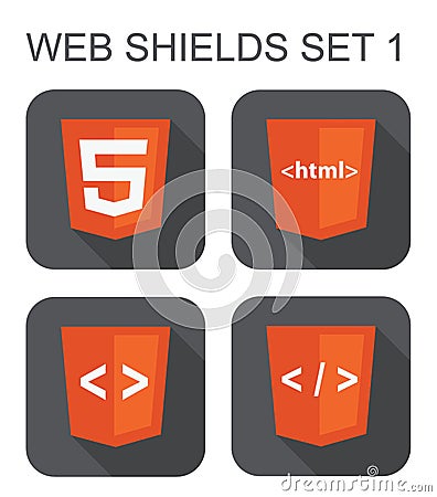 Vector collection of html web development shield signs: html5, t Stock Photo