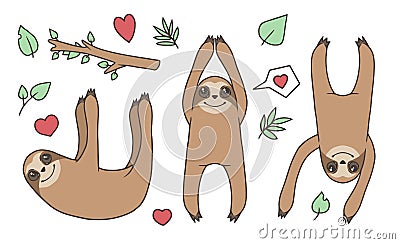 Vector collection of illustrations of different cute hanging brown sloth animals with leaves, tree branches and hears Vector Illustration