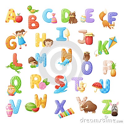Vector collection of isolated cartoon letters of the English alphabet with colorful illustrations. Vector Illustration