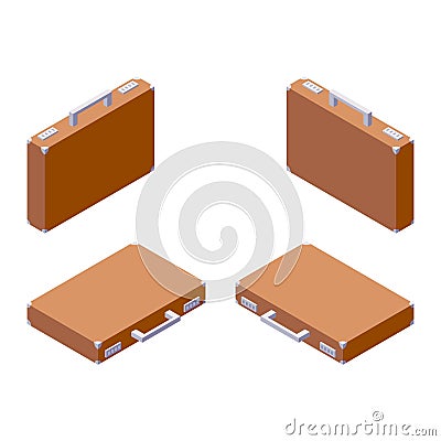 Vector collection isometric business suitcase in various foreshortening in brown color. 3d concept set isolated on white Stock Photo