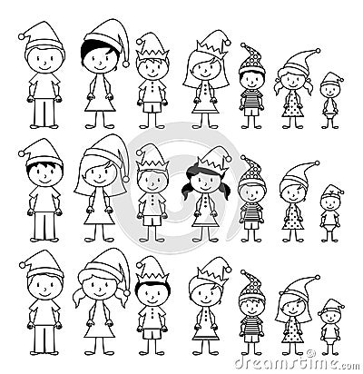 Vector Collection of Line Art Christmas or Holiday Themed Stick Figures Vector Illustration