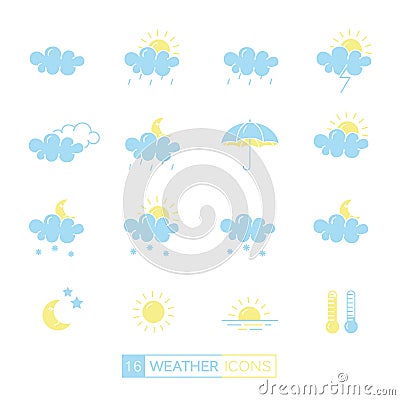 Vector collection of linear flat weather icons in blue and yellow colors. Vector Illustration