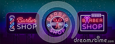 Vector collection logos neon sign barber shop for your design. For a label, a sign, a sign or an advertisement. Hipster Vector Illustration
