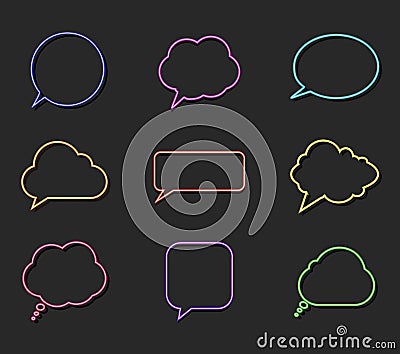 Vector Collection of Luminous Neon Talk Bubbles, Different Shapes Comics Decorative Elements Set Isolated. Vector Illustration