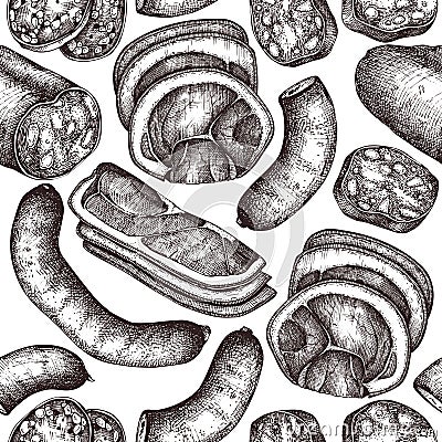 Vector collection of meat, seafood and fish produchts sketches . Hand drawn Pizza ingredients. Vintage food illustrations on white Cartoon Illustration