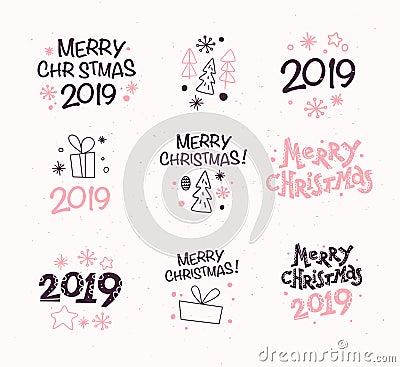 Vector collection of Merry Christmas congratulation compositions with text and outline traditional decor icons Vector Illustration